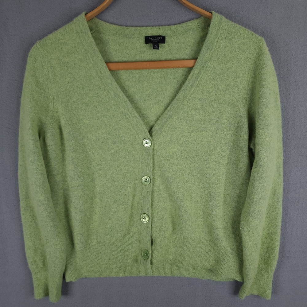 Talbots Cardigan Sweater Womens XL Petites Green Lambswool Angora Classic Preppy